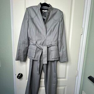 Calvin Klein Sz 12 Gry Snap Button Tie-Waist Flap Pockets Blazer & Pants
